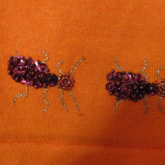 Central Falls Women's Orange Cardigan Sweater Embellished w/Flowers & Ants - Picture 6 of 8
